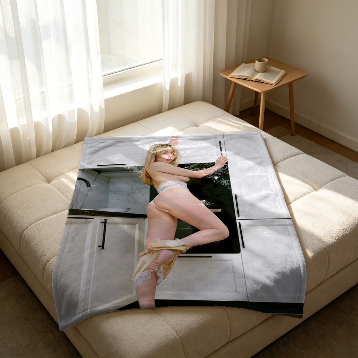 Blonde woman in pink lace lingerie posing seductively - Blanket