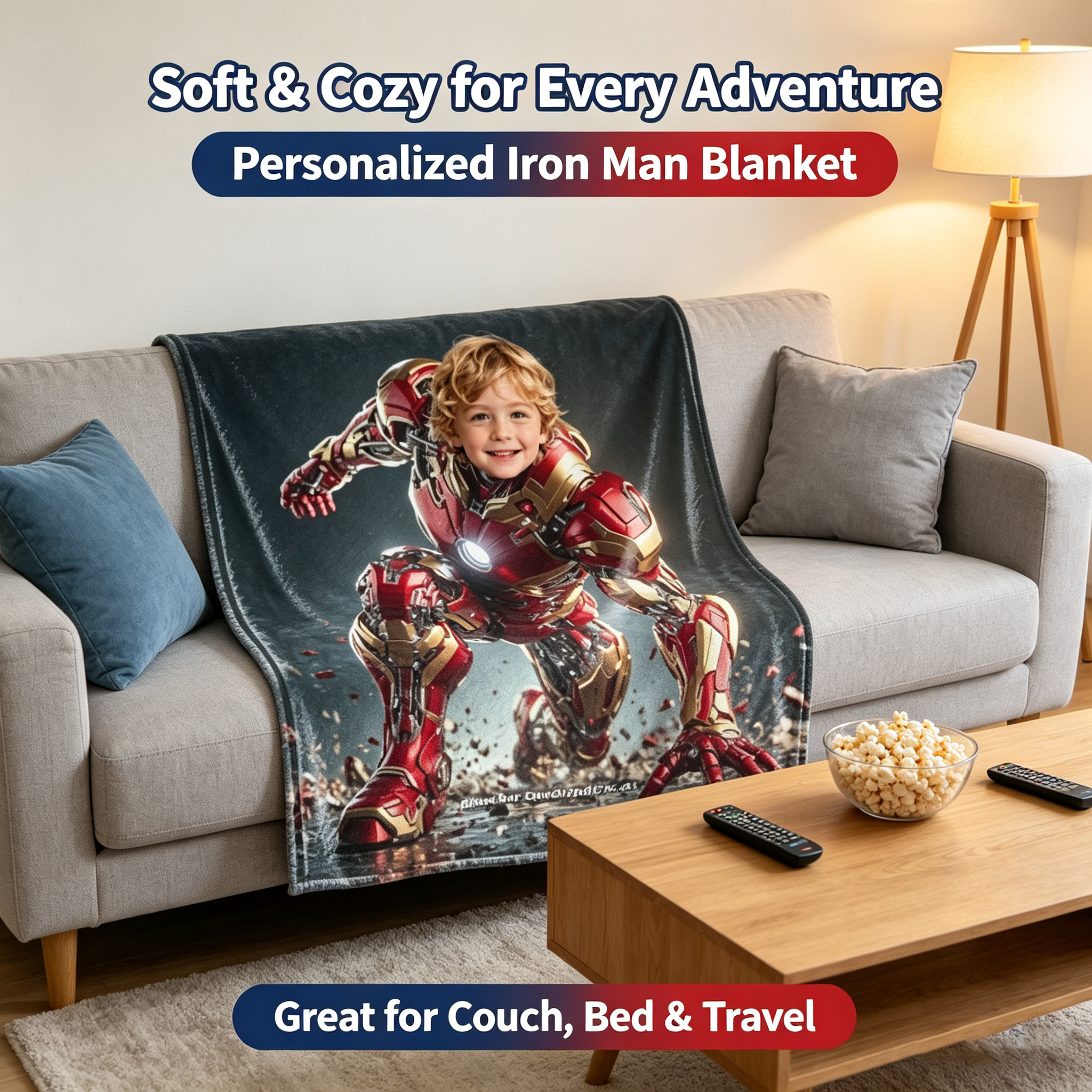 Personalized Iron Man Crouch Pose Custom Photo Blanket, Superhero Throw Blanket, Unique Birthday Gift for Little Boy