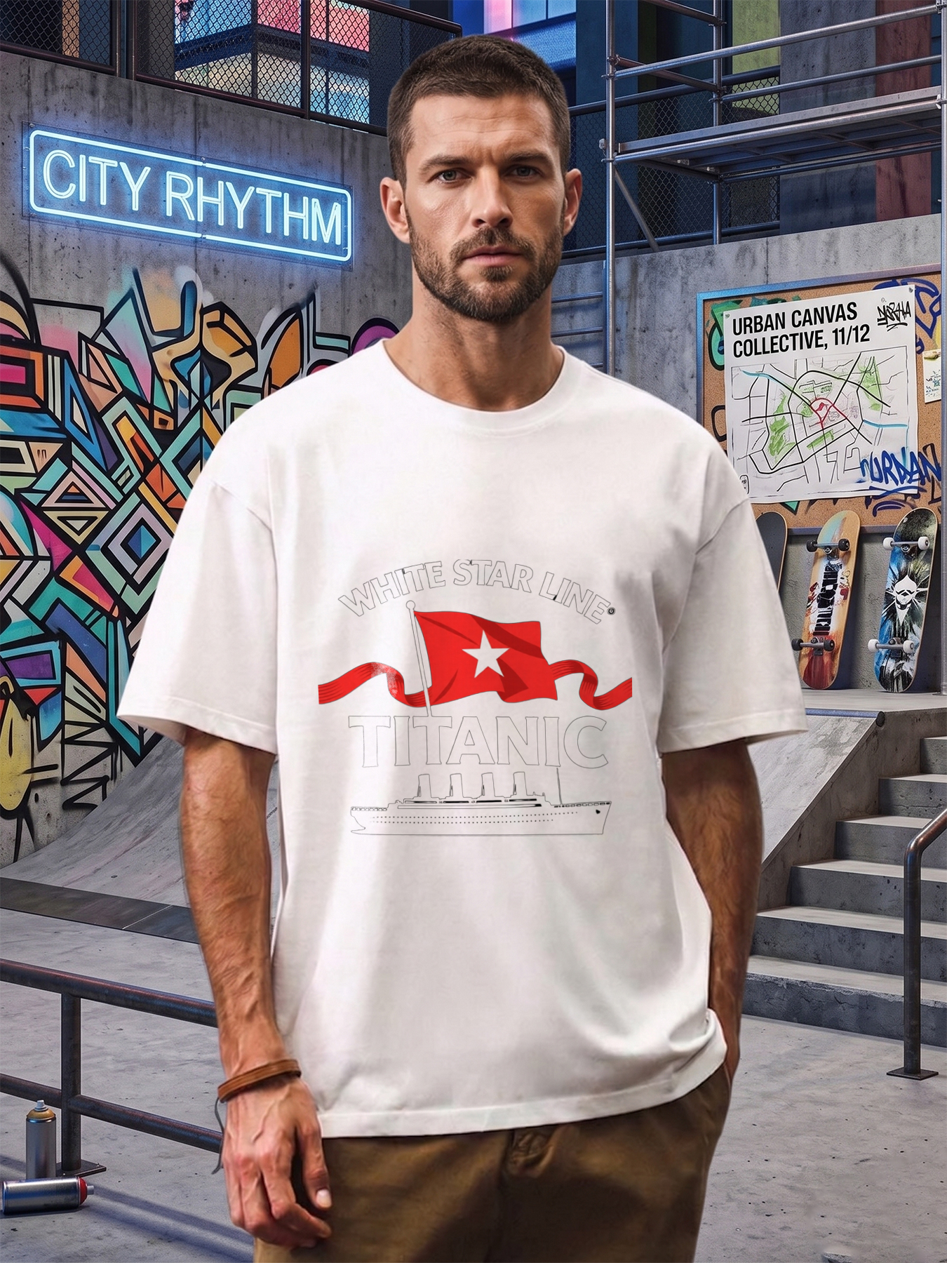 Men's Printed T-Shirt White Star Line Titanic Ship Flag Design Casual Round Neck Summer Lightweight Breathable Short Sleeve T-Shirt for Travel Enthusiasts and History Lovers