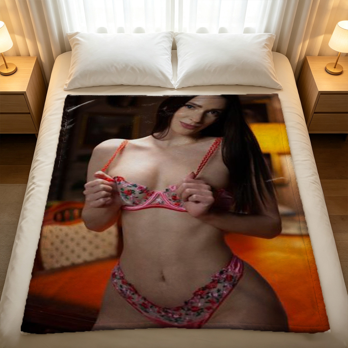 Two nude women embracing intimately on a couch. - Blanket