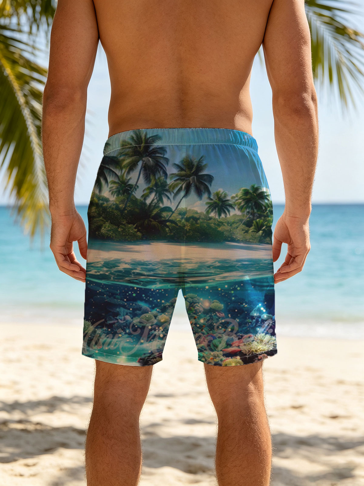 Tropical Paradise with Vibrant Coral Reef and Palm Trees -  Beach shorts