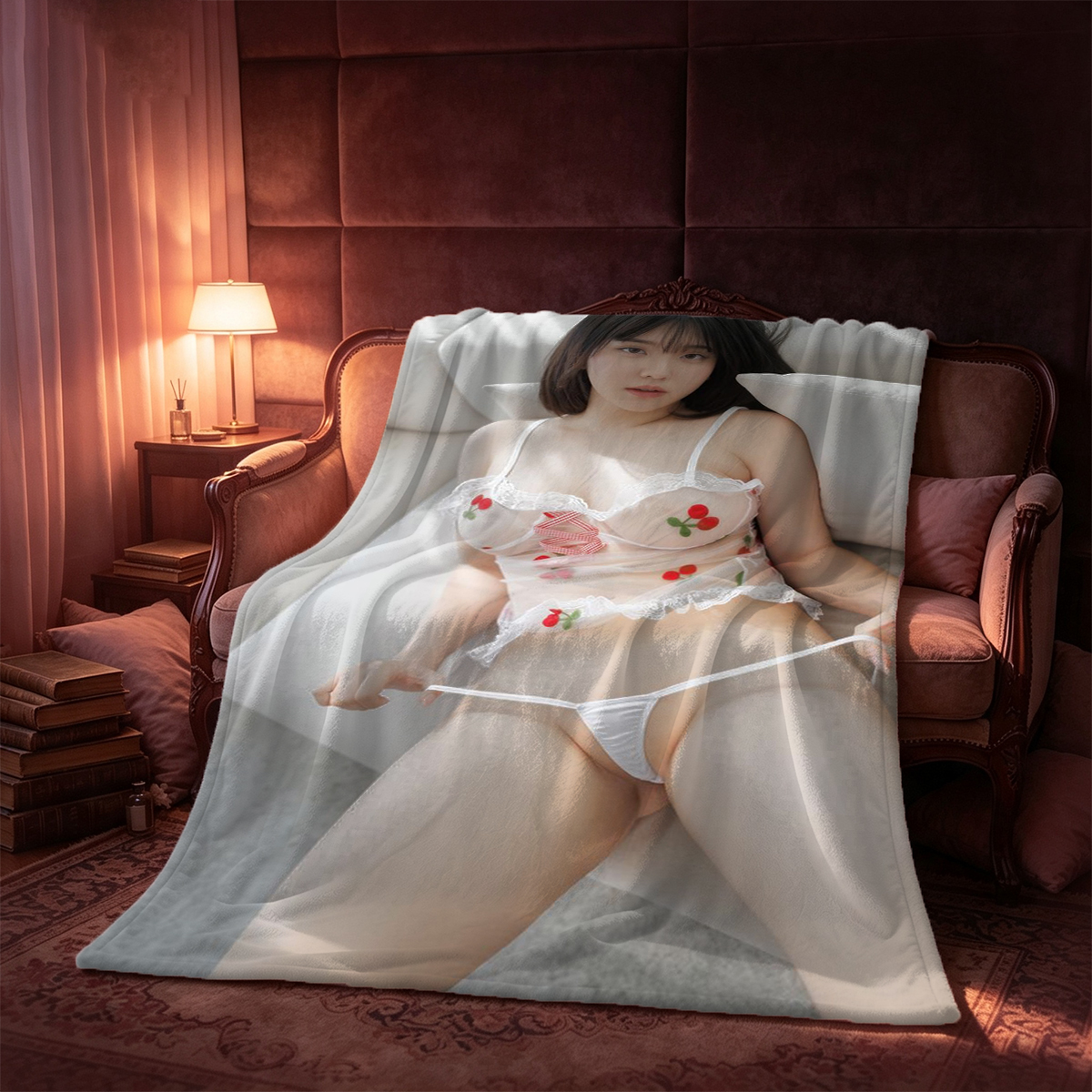 Nude redhead with lilac bouquet on table - Blanket