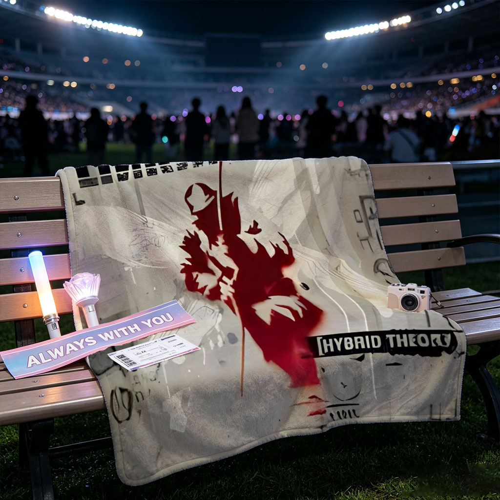 Linkin Park Album Cover Featuring a Red Silhouette of an Angel with Wings and a Spear Against a Graffiti-Style Background - Blankets