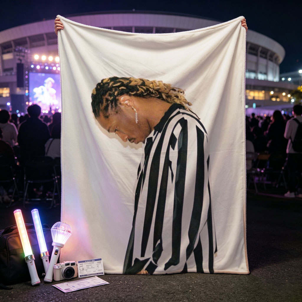 Lil Durk in a Striped Shirt with Braided Hair Against a White Background - Blankets
