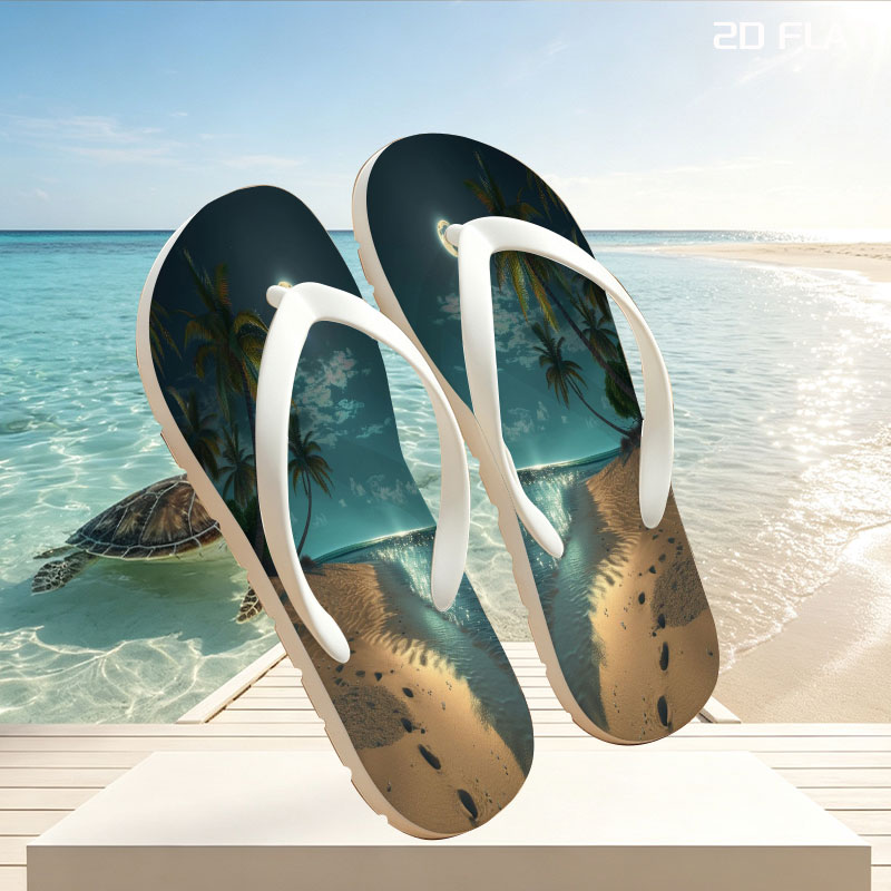 Moonlit Tropical Beach with Palm Trees and Shimmering Water -  flip-flops