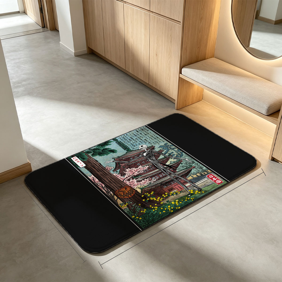 Jack Skellington in Japanese Garden with Pagoda and Pumpkin - Flannel floor mat