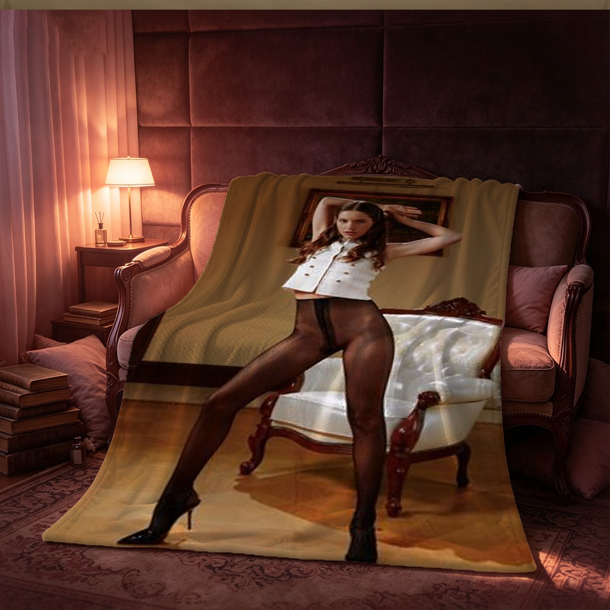 Nude Blonde Resting on Leather Couch - Blanket
