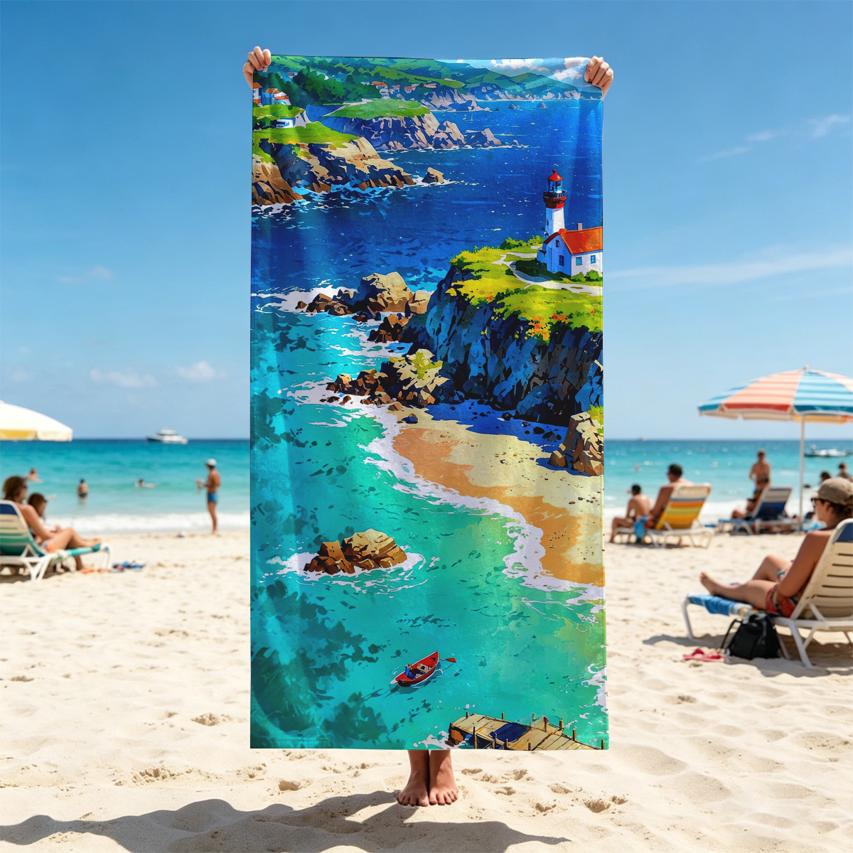 Coastal Lighthouse and Turquoise Bay with Boats - Beach towels