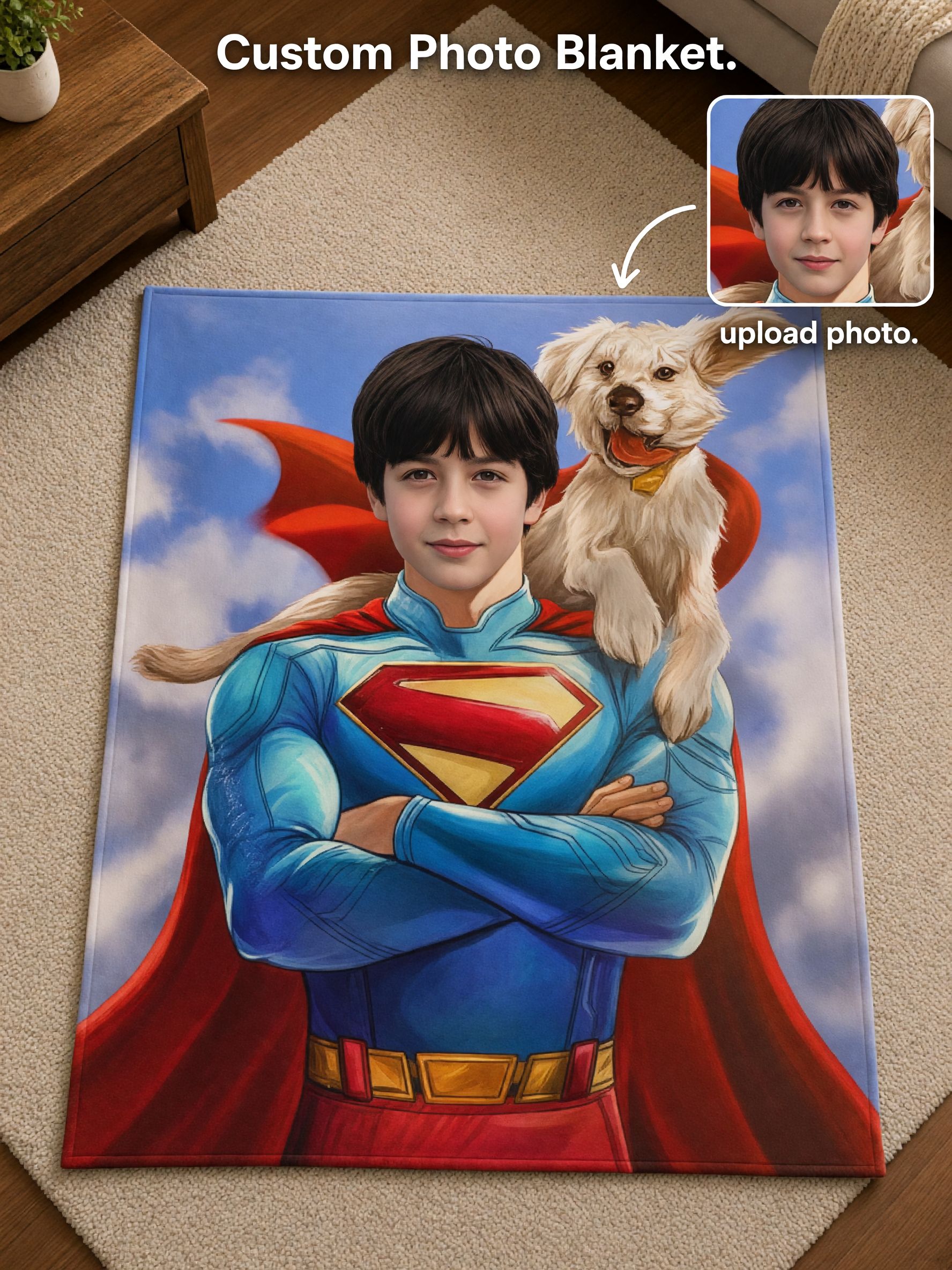 Personalized Superhero Face Photo Blanket Soft Flannel Throw Cozy Bed Couch Cover Ideal Custom Gift for Kids