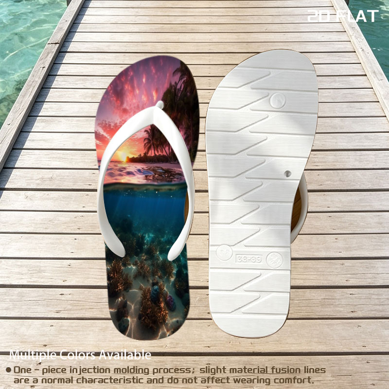 Sunset over tropical beach with underwater coral reef -  flip-flops
