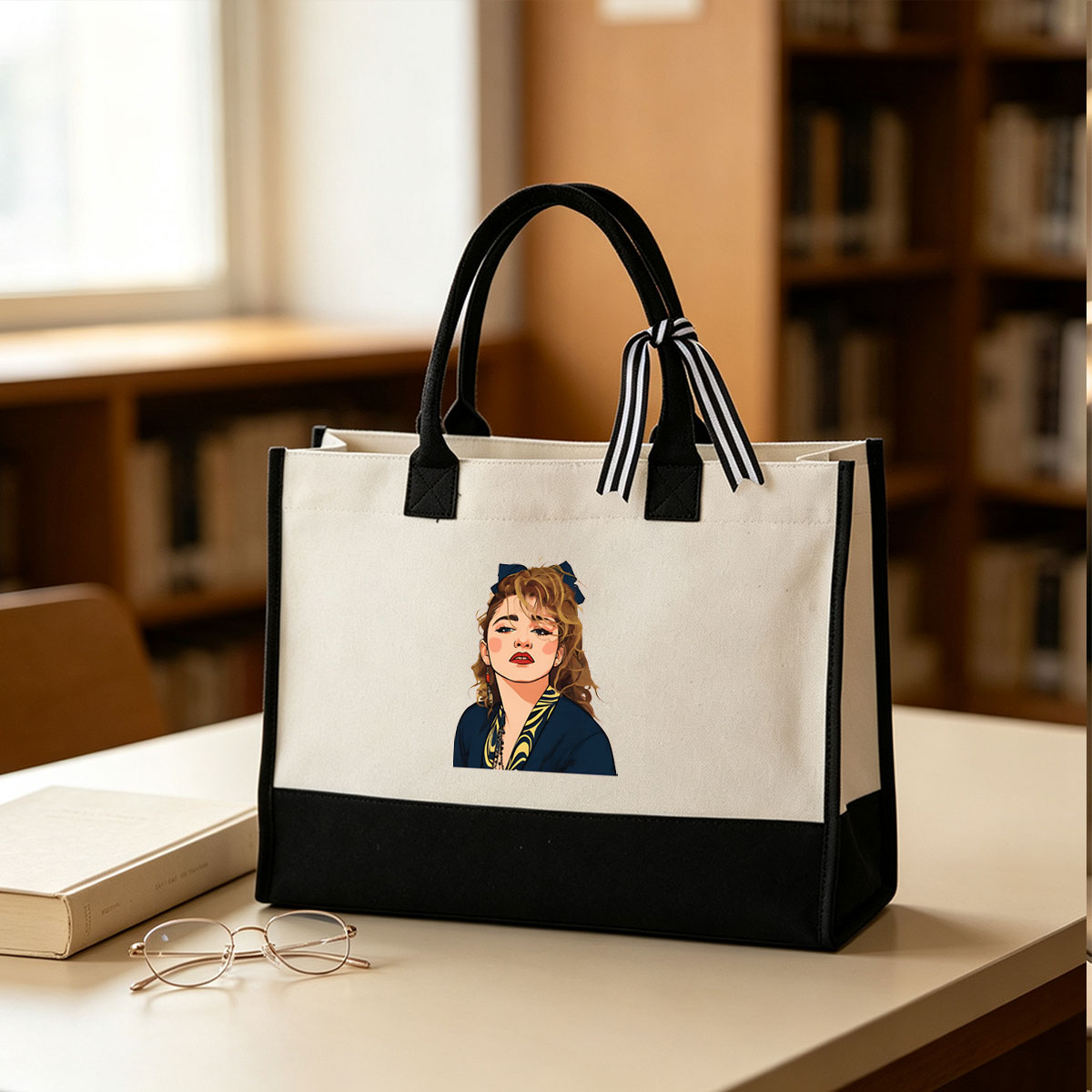 Portrait of a Woman with Blue Bow and Yellow Patterned Scarf - Canvas patchwork gift tote bag