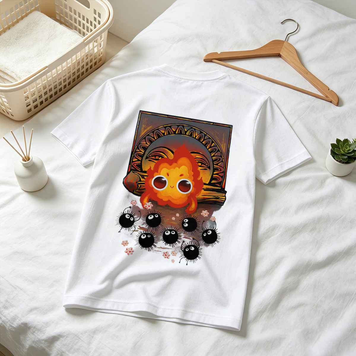 Cute Flame Character with Black Spiky Creatures and Ancient Mask Background - Tee
