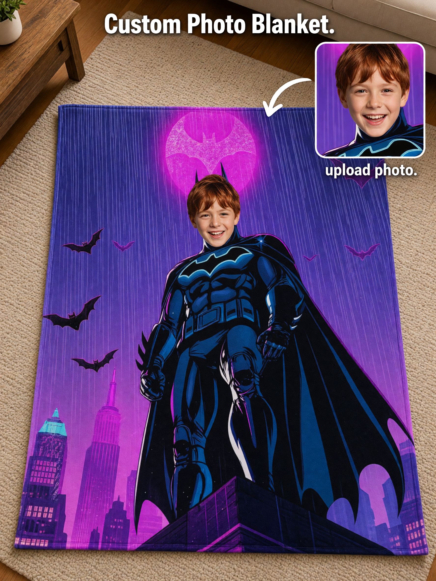 Personalized Superhero Face Blanket Custom Photo Flannel Throw for Kids Cozy Velvet Plush Hero Keepsake Gift