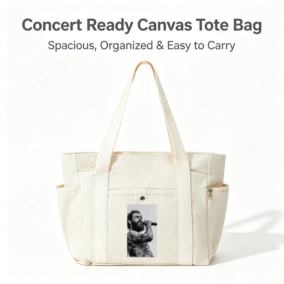 Post Malone Performing on Stage with Tattooed Arms and Beard in Black and White Photo - Multi-pocket bags