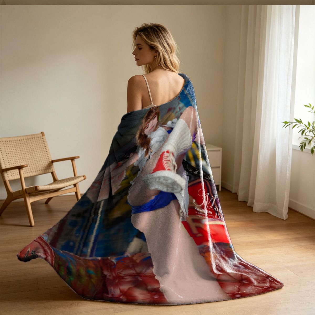 Nude woman posing on blue vintage chair - Blanket