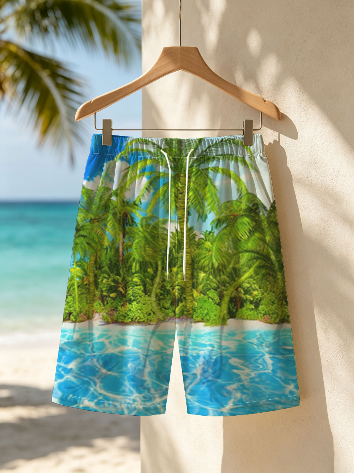 Tropical Paradise with Palm Trees and Crystal Clear Water -  Beach shorts