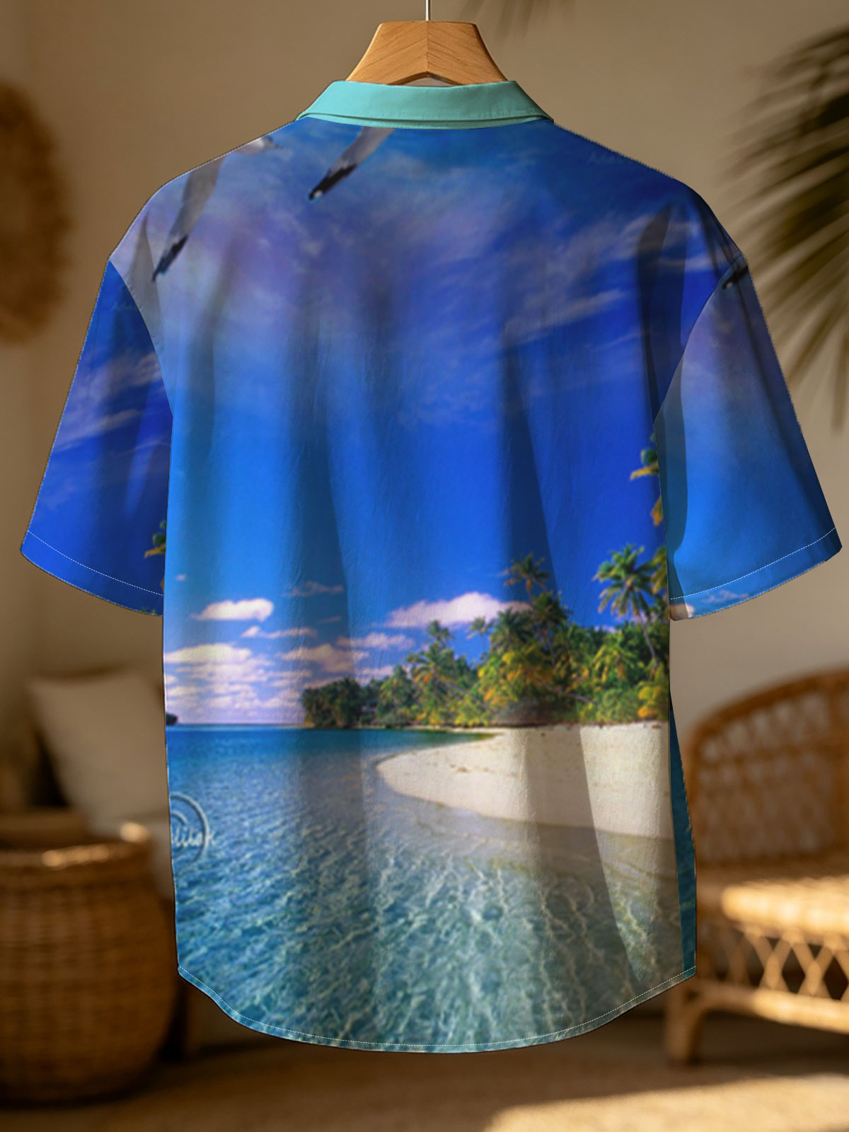 Seagulls soar over a pristine tropical beach with crystal-clear waters and palm trees under a vibrant blue sky. -  Shirt