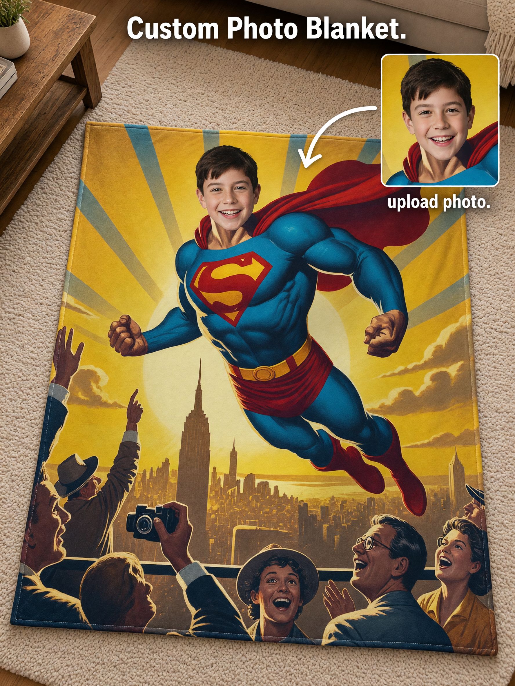 Custom Photo Superhero Blanket Personalized Face Velvet Flannel Fleece Throw Soft Anti-Pilling Cozy Bed Couch Keepsake