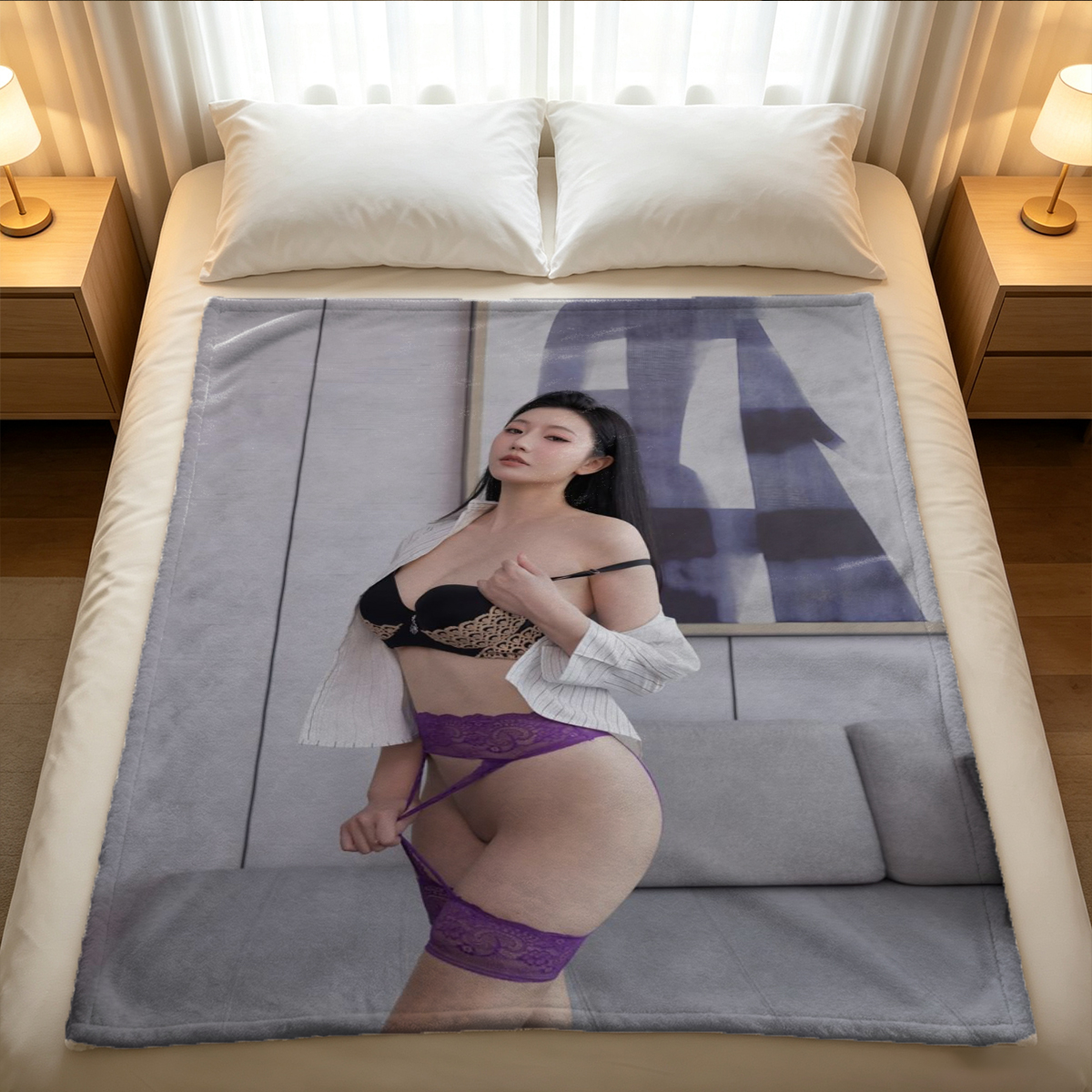 Aya Shina in white micro bikini by the window. - Blanket