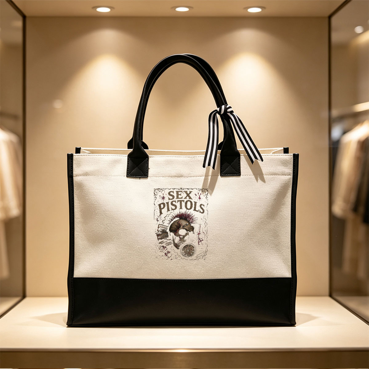 Sex Pistols: Punk Skull with Mohawk, Clock, and Anarchy Slogans - Canvas patchwork gift tote bag