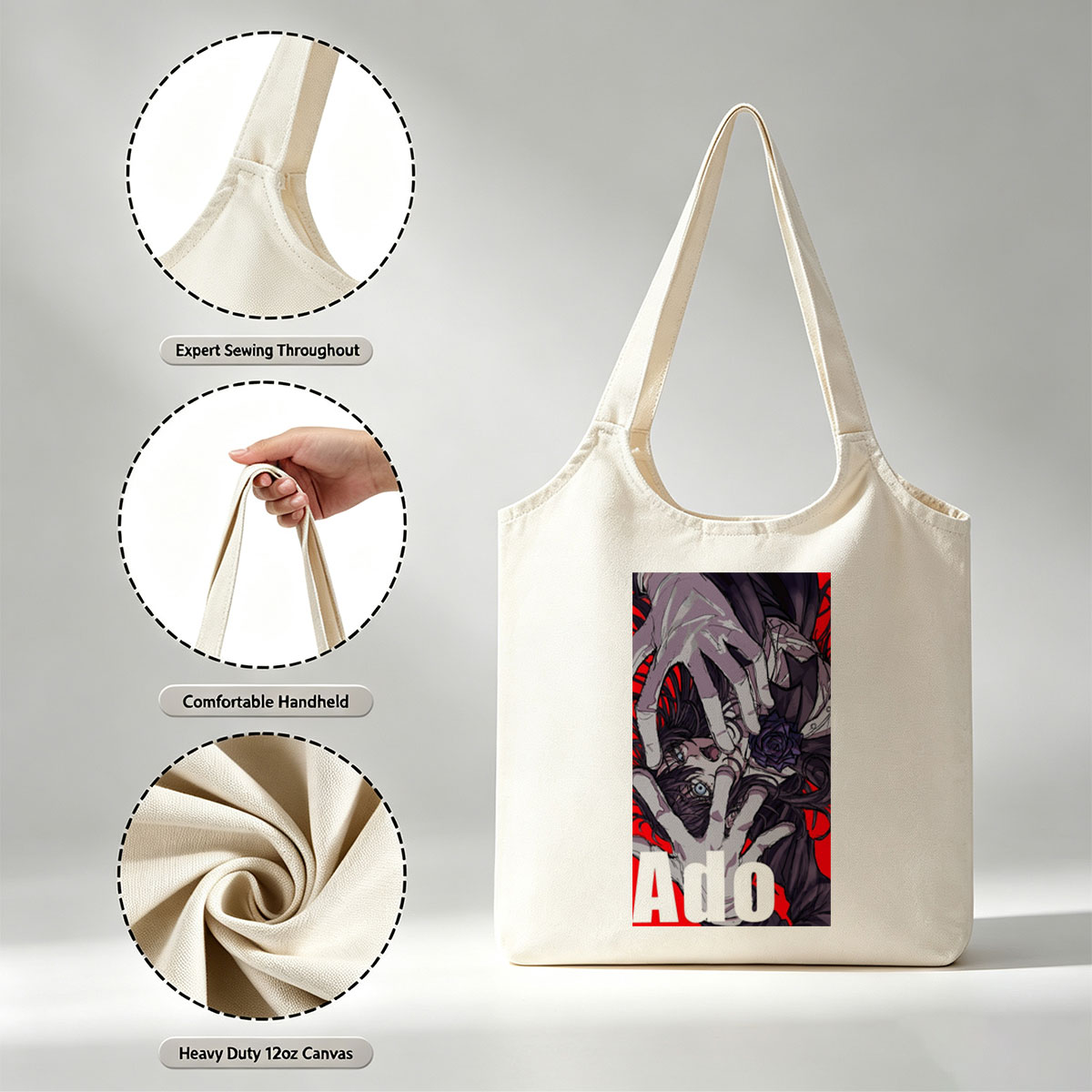 Ado - Dramatic Portrait with Hands and Rose on Red Background - Canvas shoulder bags/