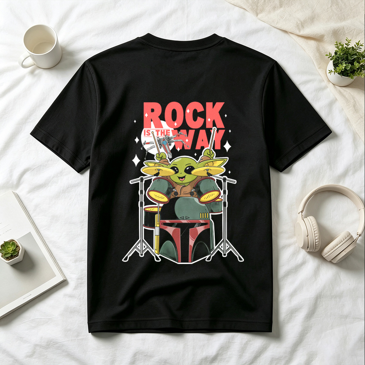 Baby Yoda Rocks the Drums with Boba Fett Helmet - Tee