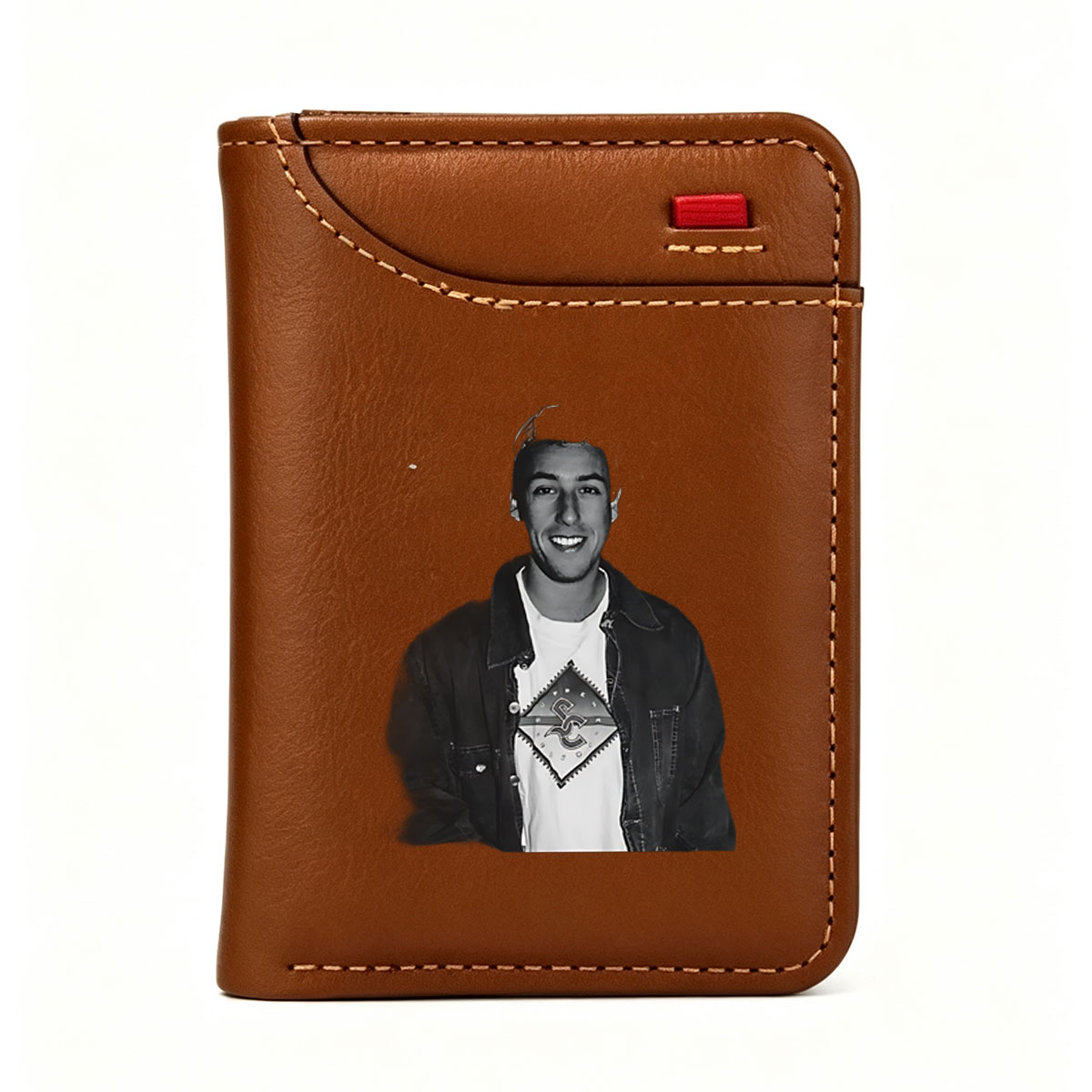 Young man in a cap and denim jacket with a graphic t-shirt, smiling at the camera. - Vertical Style Wallet