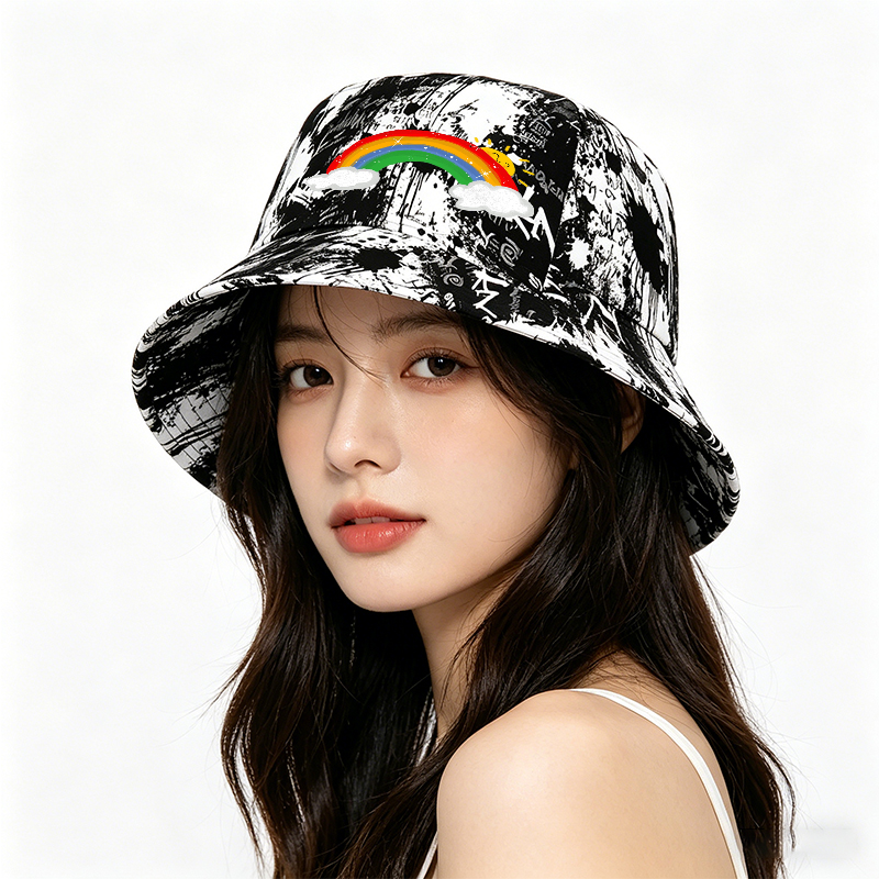 Unisex Classic Graffiti Bucket Hat with Rainbow Sun and Cloud Print | Stylish Outdoor Hat for Casual Wear, Beach, Travel, and Daily Use | Perfect for Youth, Students, and Fashion Lovers Seeking Vibrant Accessories