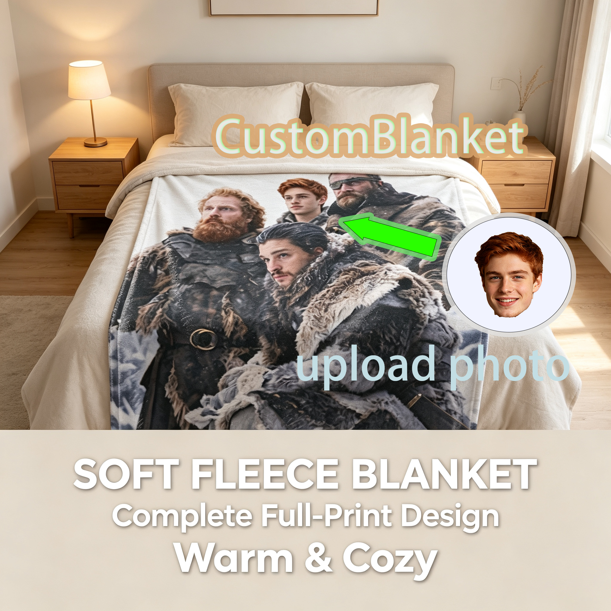 Custom Face Blanket Game of Thrones Characters Flannel Blanket Winterfell Scene Cozy Gift for Fans and Collectors