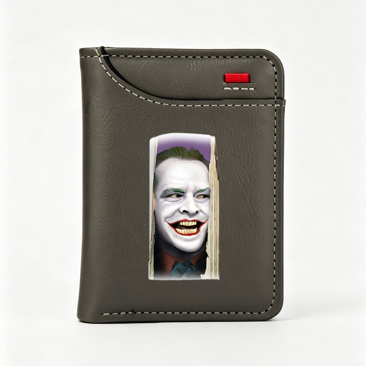 Joker from Batman, portrayed by Jack Nicholson, with iconic white face paint, green hair, and wide red smile. - Vertical Style Wallet
