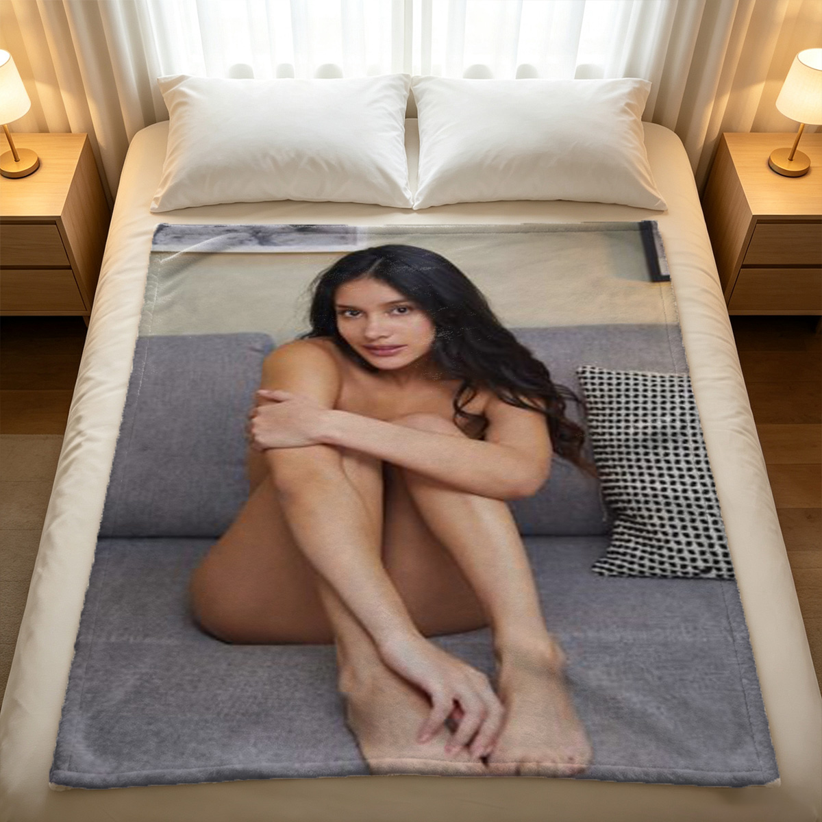 Nude Asian woman in black garter belt and stockings biting sunglasses - Blanket