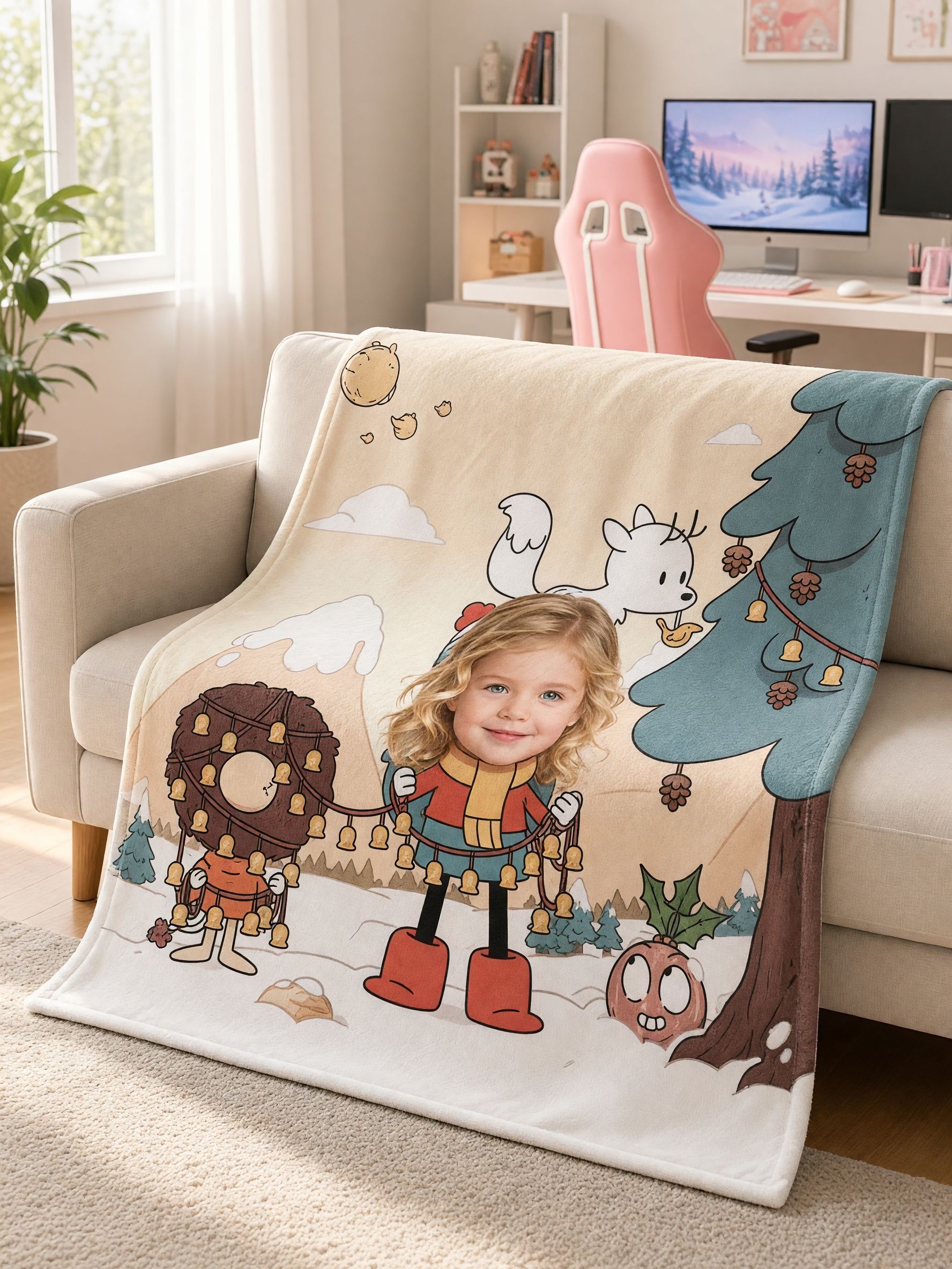 Custom Face Photo Blanket Soft Flannel Throw with Cartoon Winter Scene, Ideal Personalized Gift for Kids and Family