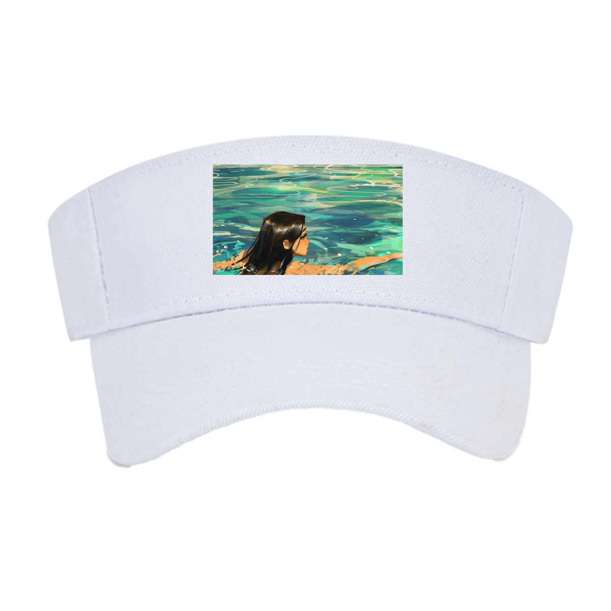 Woman swimming in clear blue water near rocky shore -  Visor cap