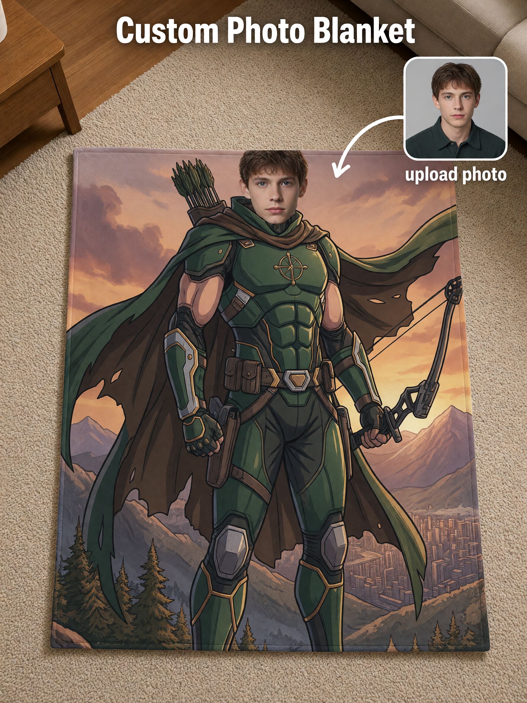 Custom Face Photo Flannel Blanket Personalized Superhero Archer Throw Skin Friendly Anti Pilling Cozy Birthday Gift