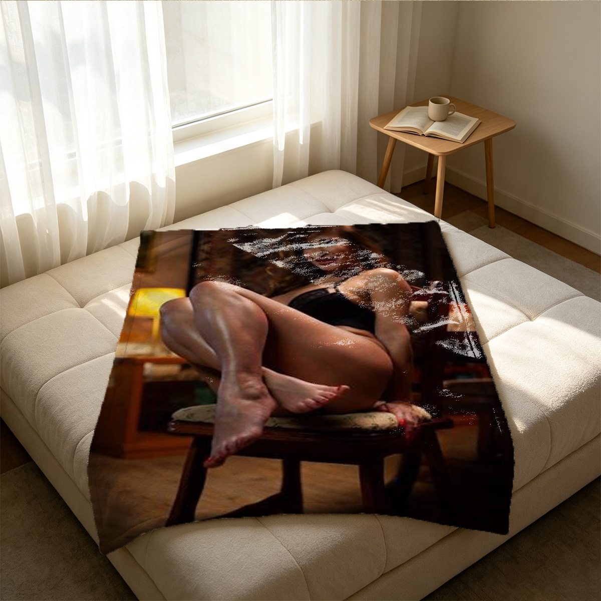 Topless Asian beauty in blue jeans on bed. - Blanket