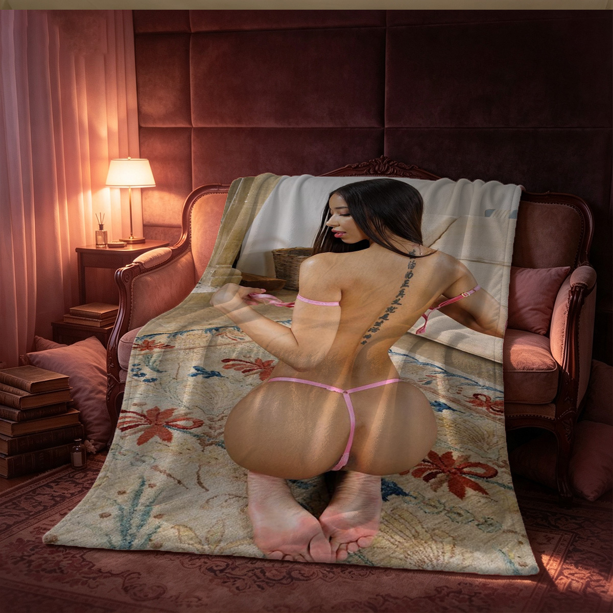 Nude Brunette Kneeling on Grass by Wooden Fence - Blanket