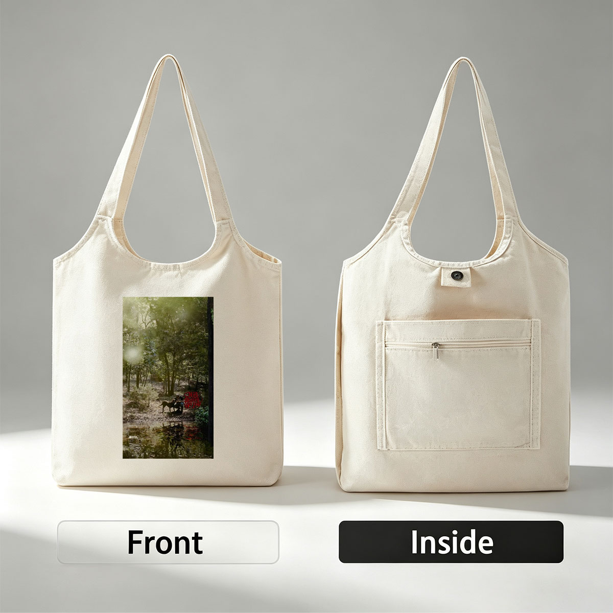 Warren Zevon in the Forest with Dog and Reflection in Water - Canvas shoulder bags/