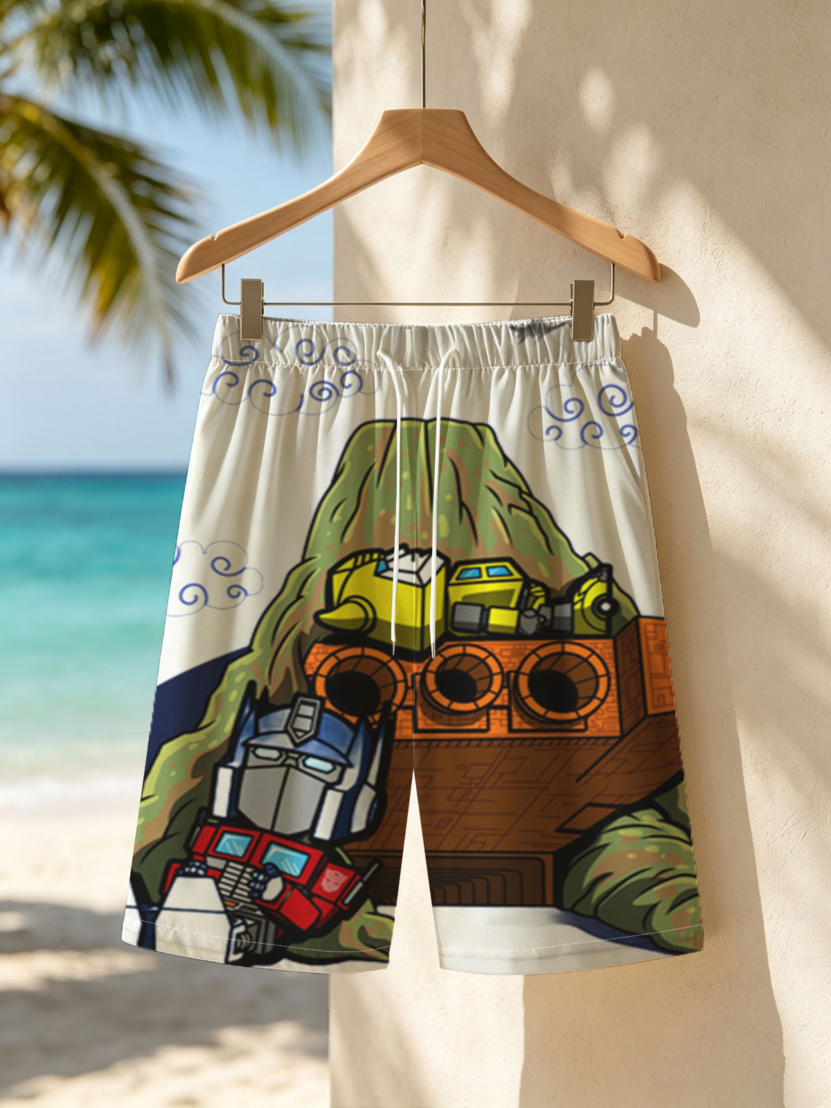 Optimus Prime and Bumblebee atop a mountain with a spaceship, cartoon style -  Beach shorts