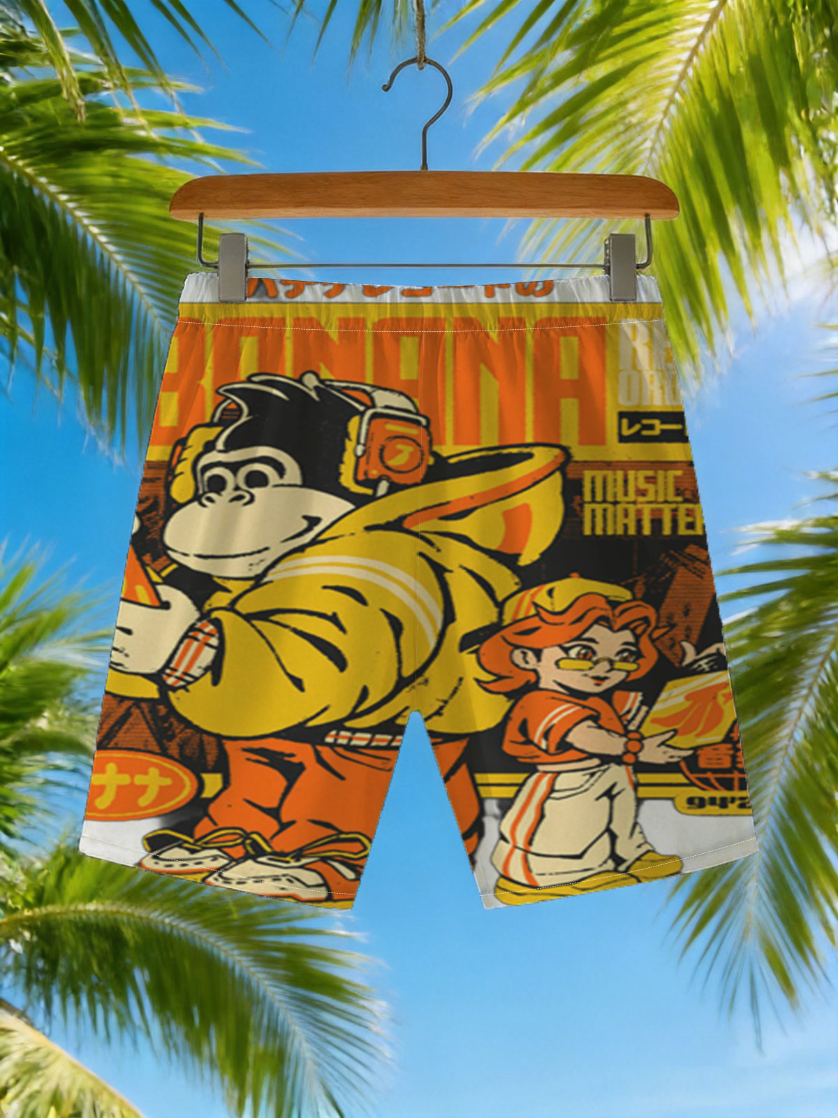 Banana Records: Monkey DJ and Girl with Vinyl, Music Matters 94'25' -  Beach shorts