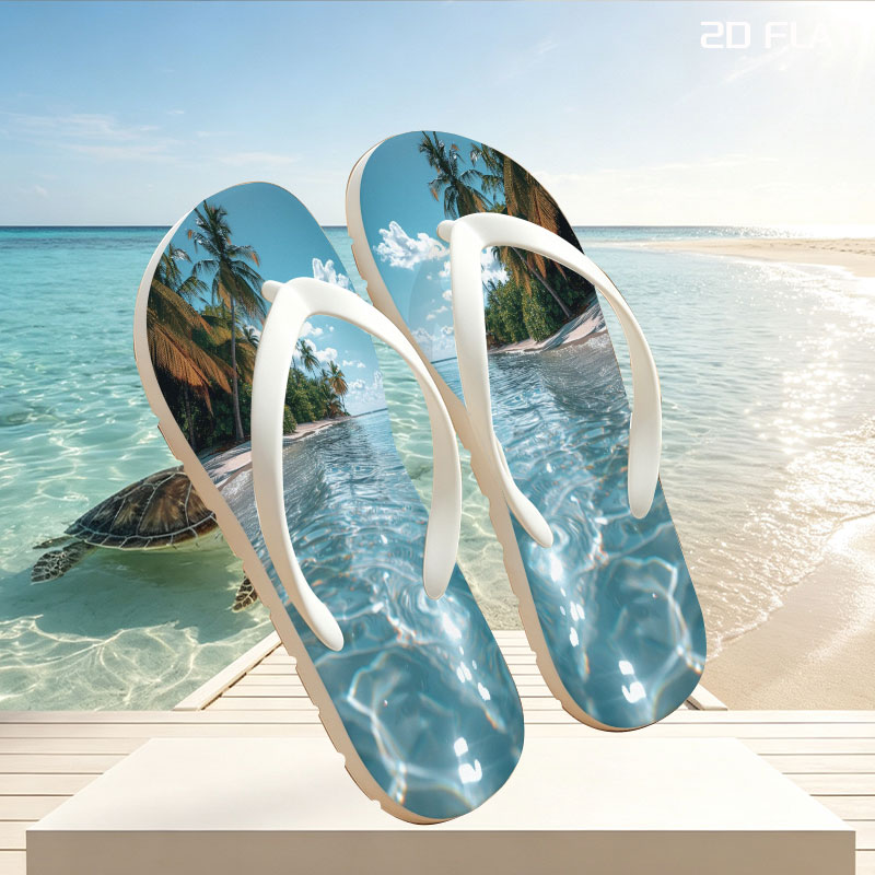 Crystal-clear waters lap against a serene tropical beach lined with swaying palm trees under a bright blue sky. -  flip-flops