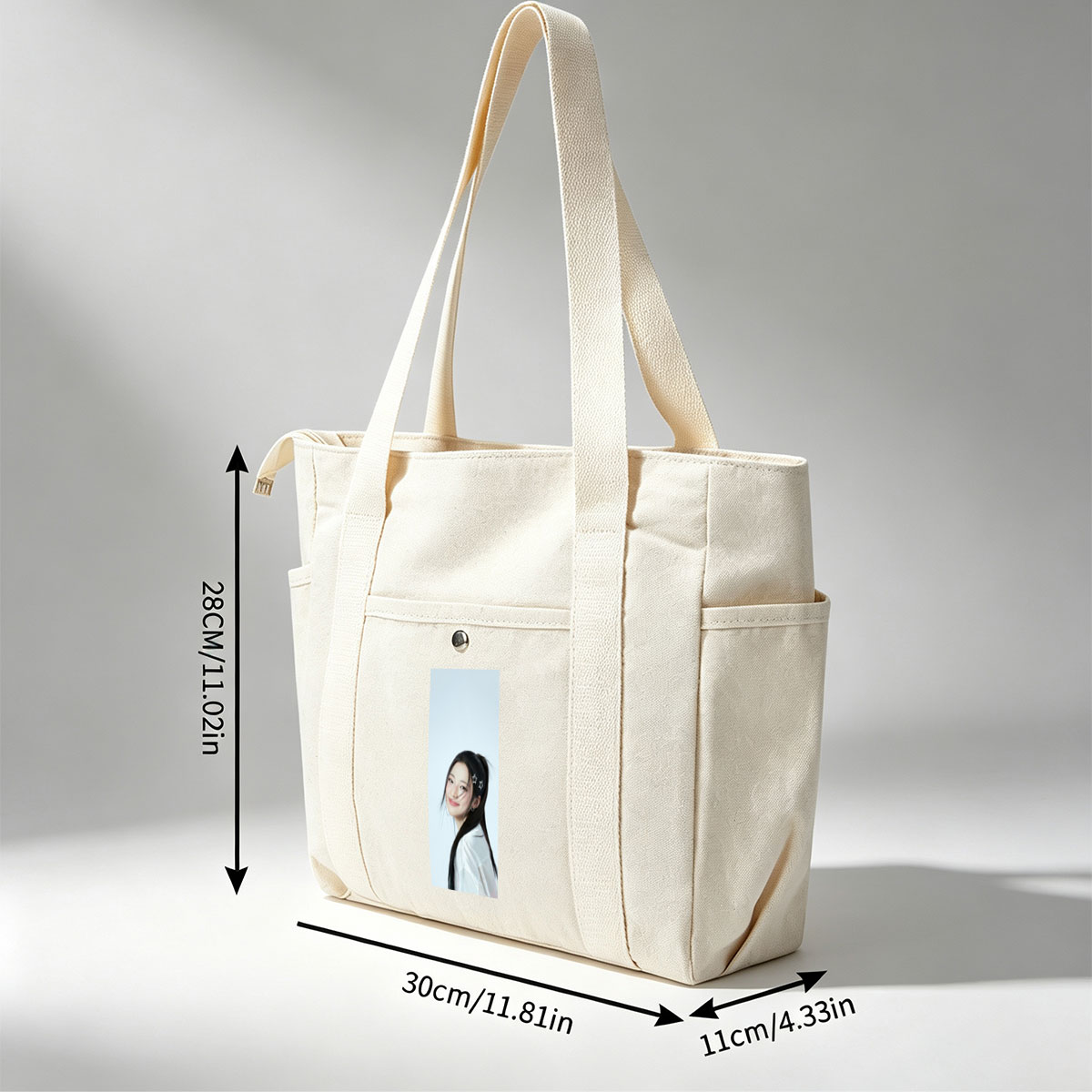 Korean Actress in White Outfit with Star Hair Clips Smiling Softly Against Light Blue Background - Multi-pocket bags