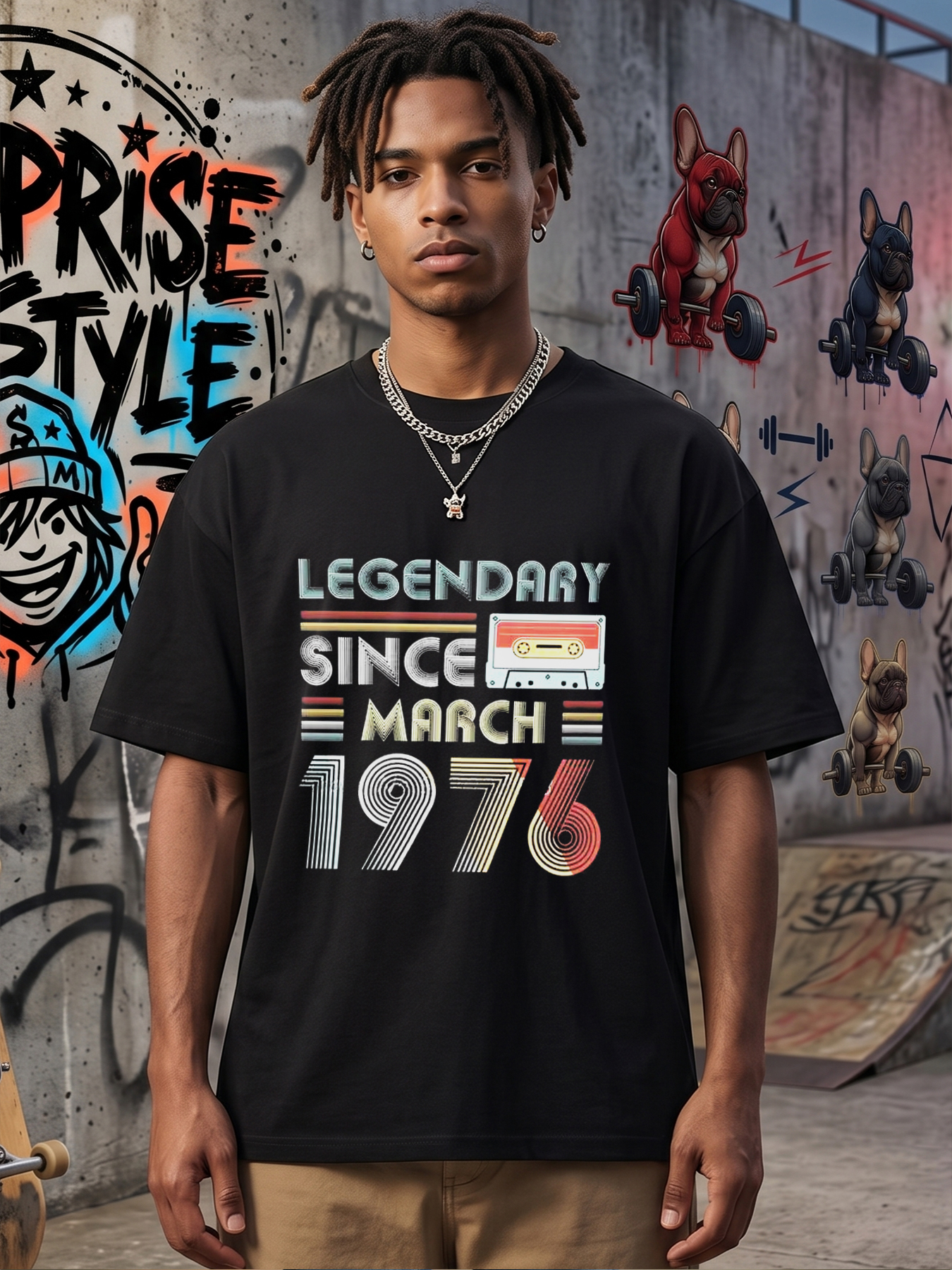 Men's Printed T-Shirt Legendary Since March 1976 Retro Cassette Tape Design Casual Round Neck Summer Lightweight Breathable Short Sleeve T-Shirt for Birthday Gifts Adults 40s 50s 60s Vintage Style Fashion