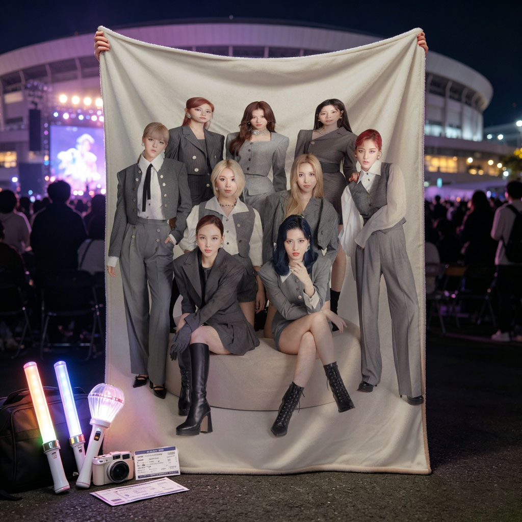 Twice Group in Stylish Gray Suits Posed on a Minimalist Set - Blankets