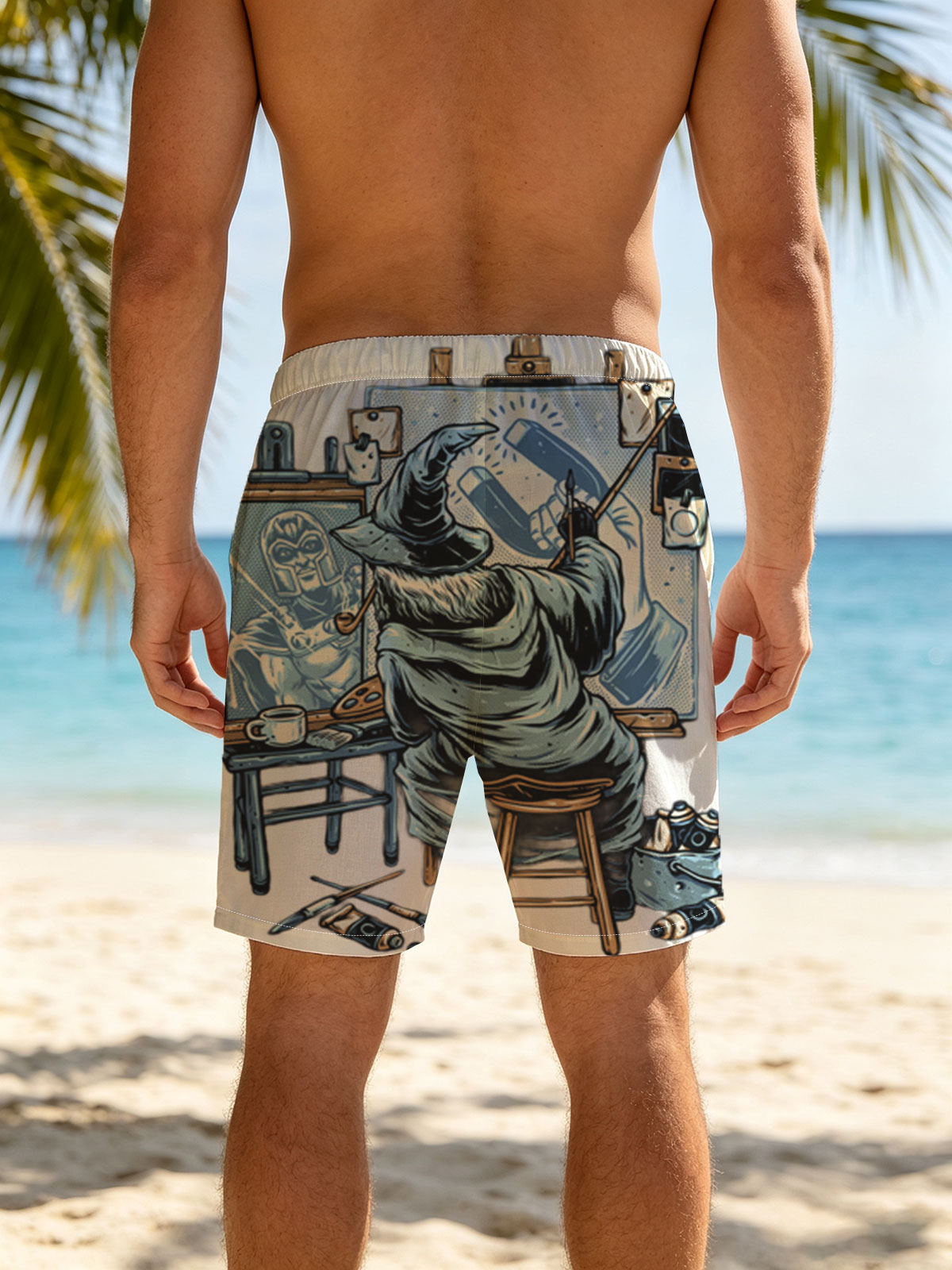 Wizard Artist Paints Loki on Canvas -  Beach shorts