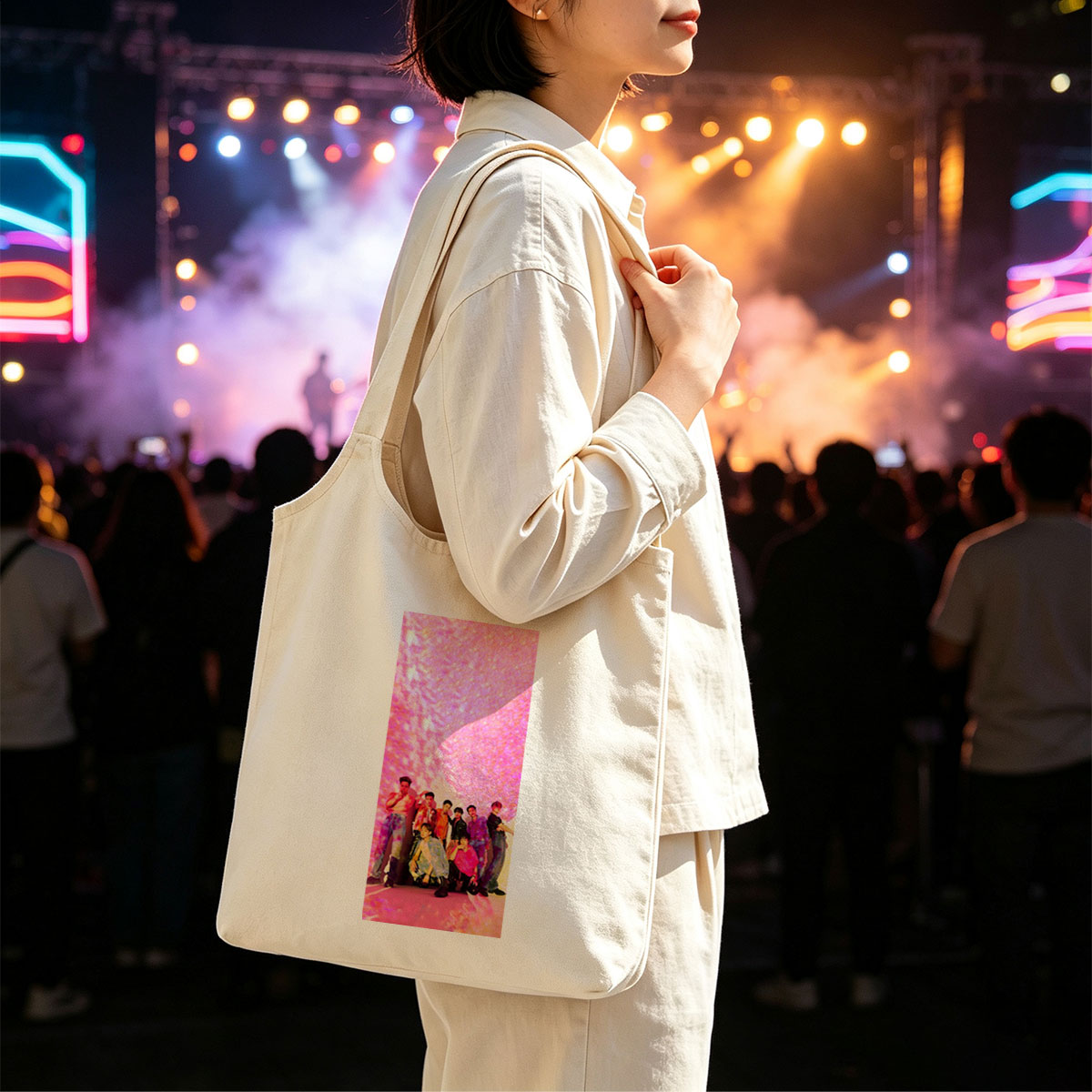 SEVENTEEN in a vibrant pink-lit scene with dynamic poses and colorful outfits - Canvas shoulder bags/