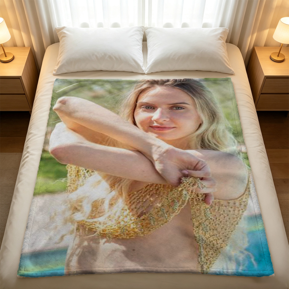Blonde beauty in white bikini kneeling on beach towel. - Blanket
