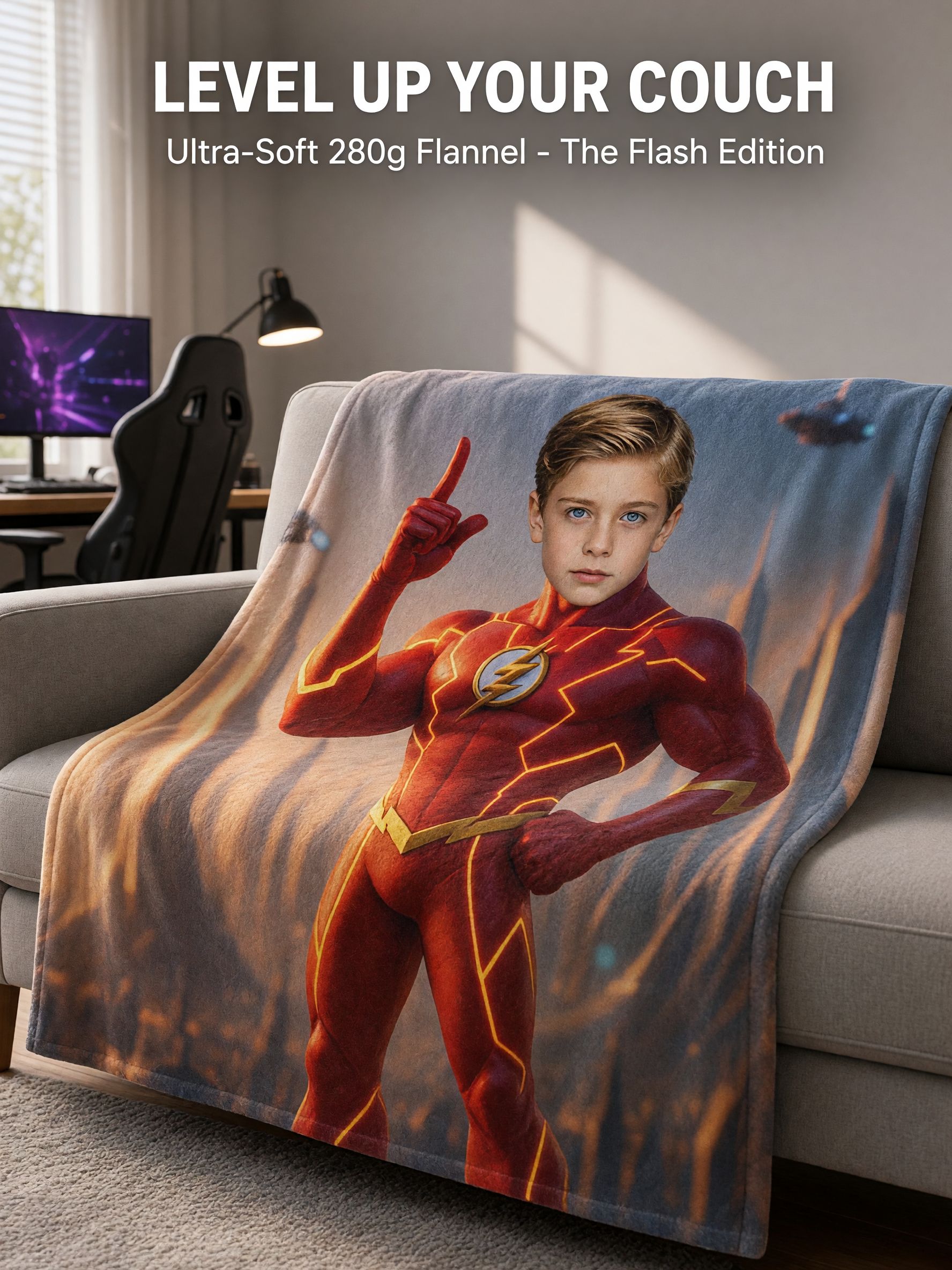 Custom Photo Superhero Flannel Fleece Blanket, Personalized Head Face Cozy Throw for Kids, Unique Birthday Gift