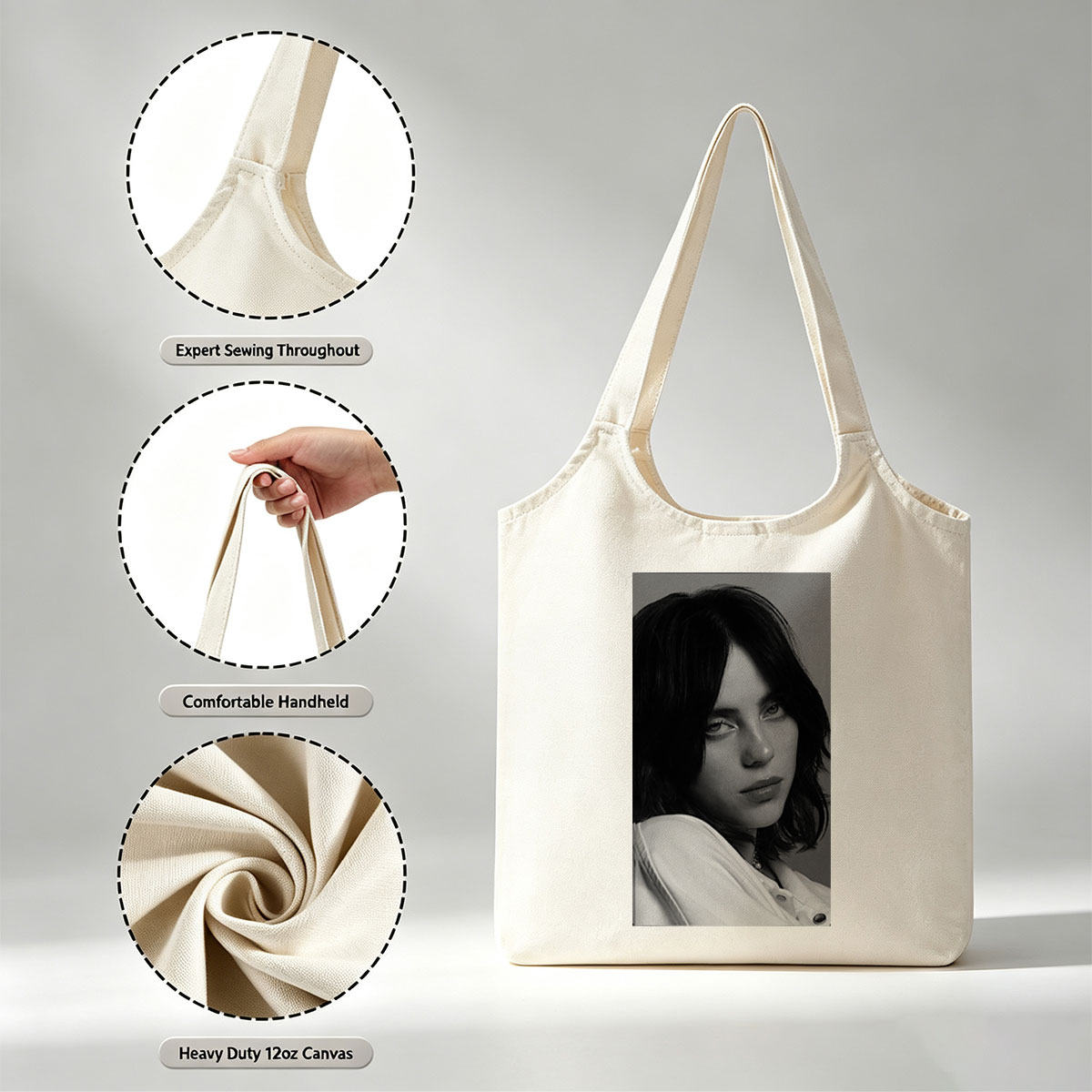 Billie Eilish in a Monochrome Portrait Wearing a White Shirt with a Delicate Necklace - Canvas shoulder bags/