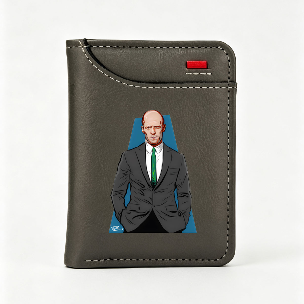 Lex Luthor in a sharp suit and green tie, standing confidently against a blue backdrop. - Vertical Style Wallet
