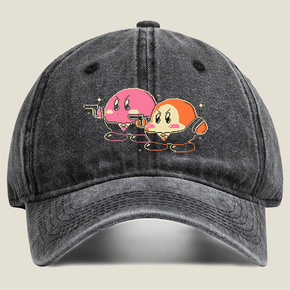 Kirby and Waddle Dee in Pixel Art Style - Washed Denim - Baseball Cap